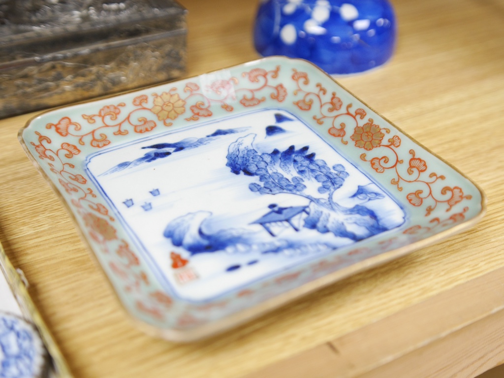 A group of Chinese and Japanese items to include silvered dragon box, hand mirror and square dish. Condition - varies